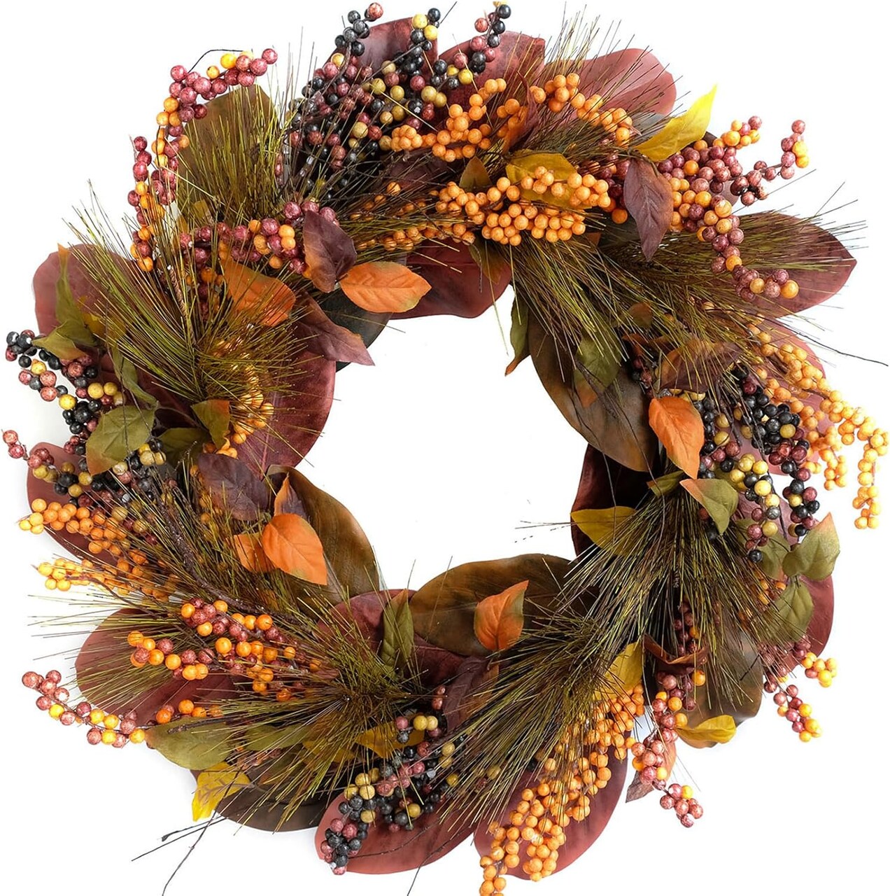 20 inch Thanksgiving Wreath Magnolia Leaves with Pine Needle Yellow Berry Wreath(Yellow Berry)3"D x 20"W x 20"H